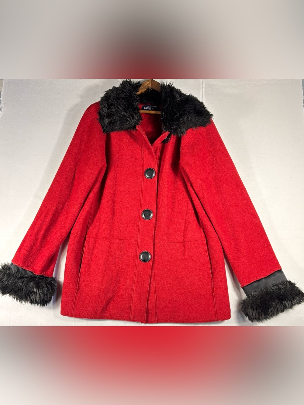 Jones New York Signature Women’s M Red Wool-Blend Pea Coat w/Black Faux-Fur Trim